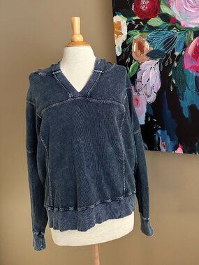 Vintage Wash Hooded Sweatshirt Denim Blue V Neck Pullover Medium Cozy